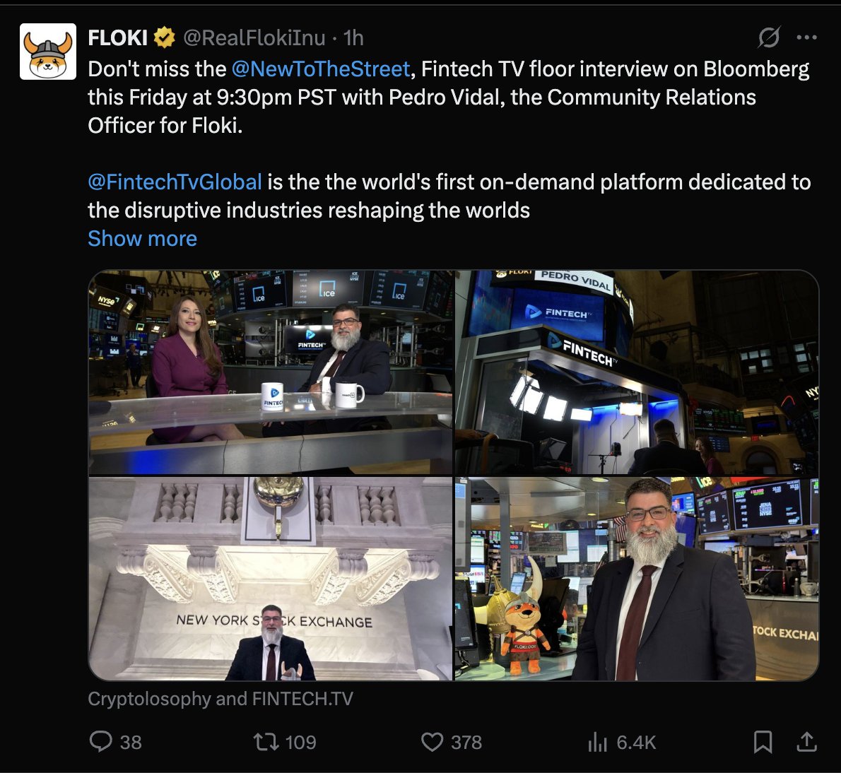 BSCNews's tweet photo. FLOKI TAKES THE SPOTLIGHT ON BLOOMBERG: PEDRO VIDAL TO DISCUSS VALHALLA AND ECOSYSTEM EXPANSION IN FRIDAY’S FINTECH TV INTERVIEW

- The @RealFlokiInu ecosystem is stepping up its visibility once again. This time, a high-profile interview featuring Pedro Vidal, Floki’s Community Relations Officer, will air on Bloomberg this Friday at 9:30 PM PST.

- The appearance is part of a broader collaboration with @NewToTheStreet and @FintechTvGlobal, the world’s first on-demand platform dedicated to the industries reshaping global finance and technology, from crypto and blockchain to AI and SDGs.

Key Details:

- Viewers can expect deep insights into the upcoming Valhalla mainnet launch, set for June 30, 2025, and how it fits into the rapidly evolving FLOKI ecosystem.

- Vidal will also touch on the broader vision for Floki, which goes beyond memes and into real-world utility, gaming innovation, education, and decentralized finance.

- This Bloomberg segment marks a strategic push in what FLOKI calls a “sustained and targeted marketing campaign”, aimed at showcasing the full scope of its utility, starting with Valhalla, but expanding into a broader suite of products and integrations.

- The Bloomberg spotlight adds momentum to Floki's ongoing three-month U.S. media blitz, which includes national TV ads, Times Square billboards, and syndicated press coverage across major financial networks.

- As June 30 approaches, Floki is making a clear statement to show the world the power of blockchain gaming, and they’re rolling it out with full force.

Image obtained from X