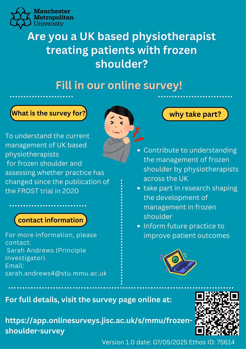 Sarah Andrews (@s_andrewsphysio) on Twitter photo 📣📣CALLING ALL UK BASED PHYSIO & PHYSIO STUDENTS WHO SEE PATIENTS WITH FROZEN SHOULDER 📣📣
My survey on the physiotherapy management of frozen shoulder is now LIVE! Please share amongst your networks.
<a href="/MMUPhysio_Res/">MMUPhysio_Research</a>
Link to the survey: app.onlinesurveys.jisc.ac.uk/s/mmu/frozen-s… 📣📣CALLING ALL UK BASED PHYSIO & PHYSIO STUDENTS WHO SEE PATIENTS WITH FROZEN SHOULDER 📣📣
My survey on the physiotherapy management of frozen shoulder is now LIVE! Please share amongst your networks.
<a href="/MMUPhysio_Res/">MMUPhysio_Research</a>
Link to the survey: app.onlinesurveys.jisc.ac.uk/s/mmu/frozen-s…