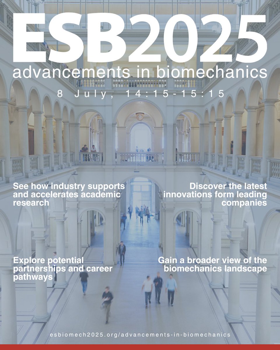 Industry takes the stage at #ESB2025!
Join the Advancements in Biomechanics session on 8 July, 14:15–15:15. Discover the latest innovations and see who's presenting:
esbiomech2025.org/advancements-i…
#ESB #Biomechanics #AIinBiomechanics