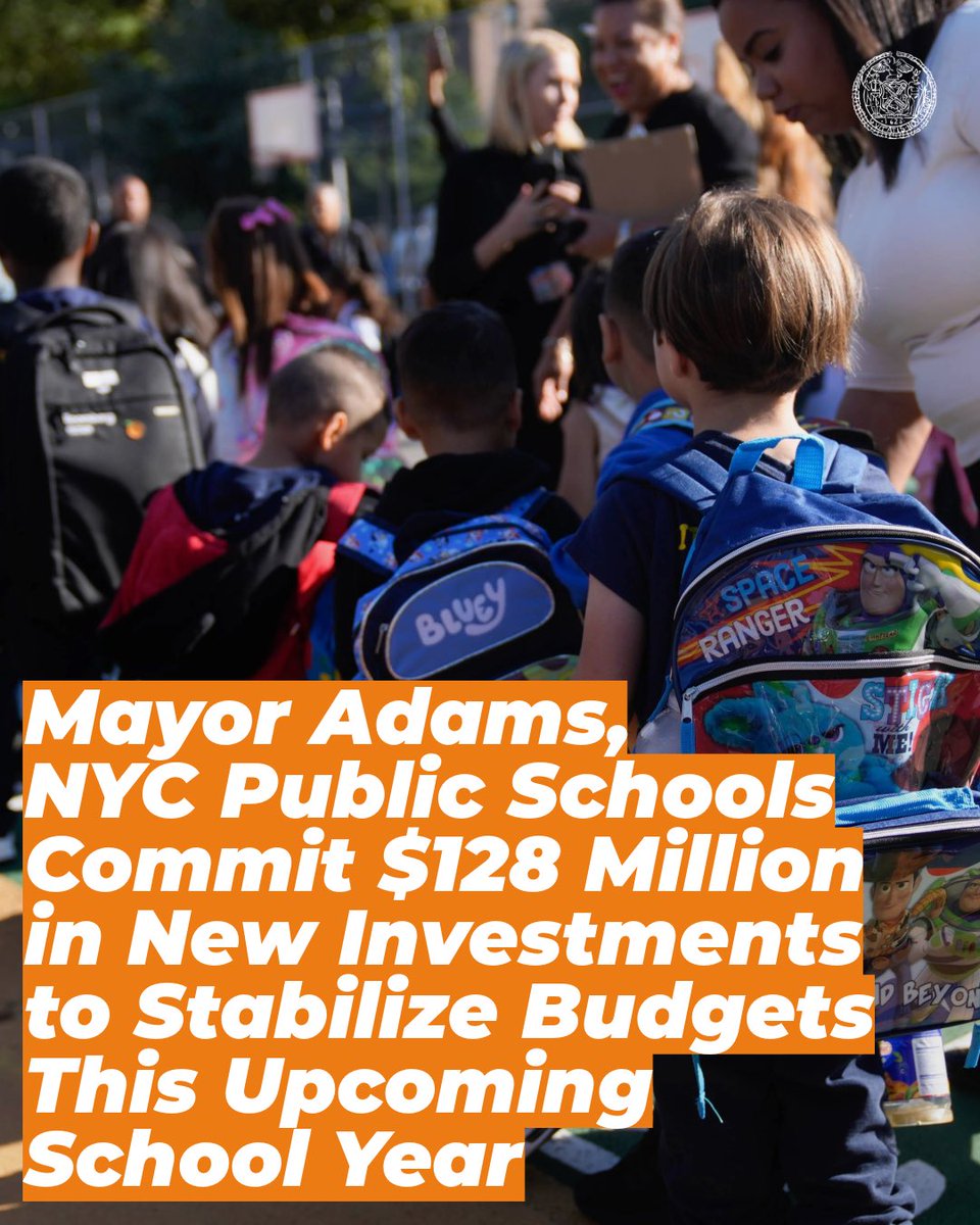 Mayor Eric Adams (@nycmayor) on Twitter photo We're rolling out $128 MILLION in additional investments to stabilize budgets at <a href="/NYCSchools/">NYC Public Schools</a>.
These funds will ensure no public school receives less funding next school year than they did this year, even if enrollment declines. We're rolling out $128 MILLION in additional investments to stabilize budgets at <a href="/NYCSchools/">NYC Public Schools</a>.
These funds will ensure no public school receives less funding next school year than they did this year, even if enrollment declines.