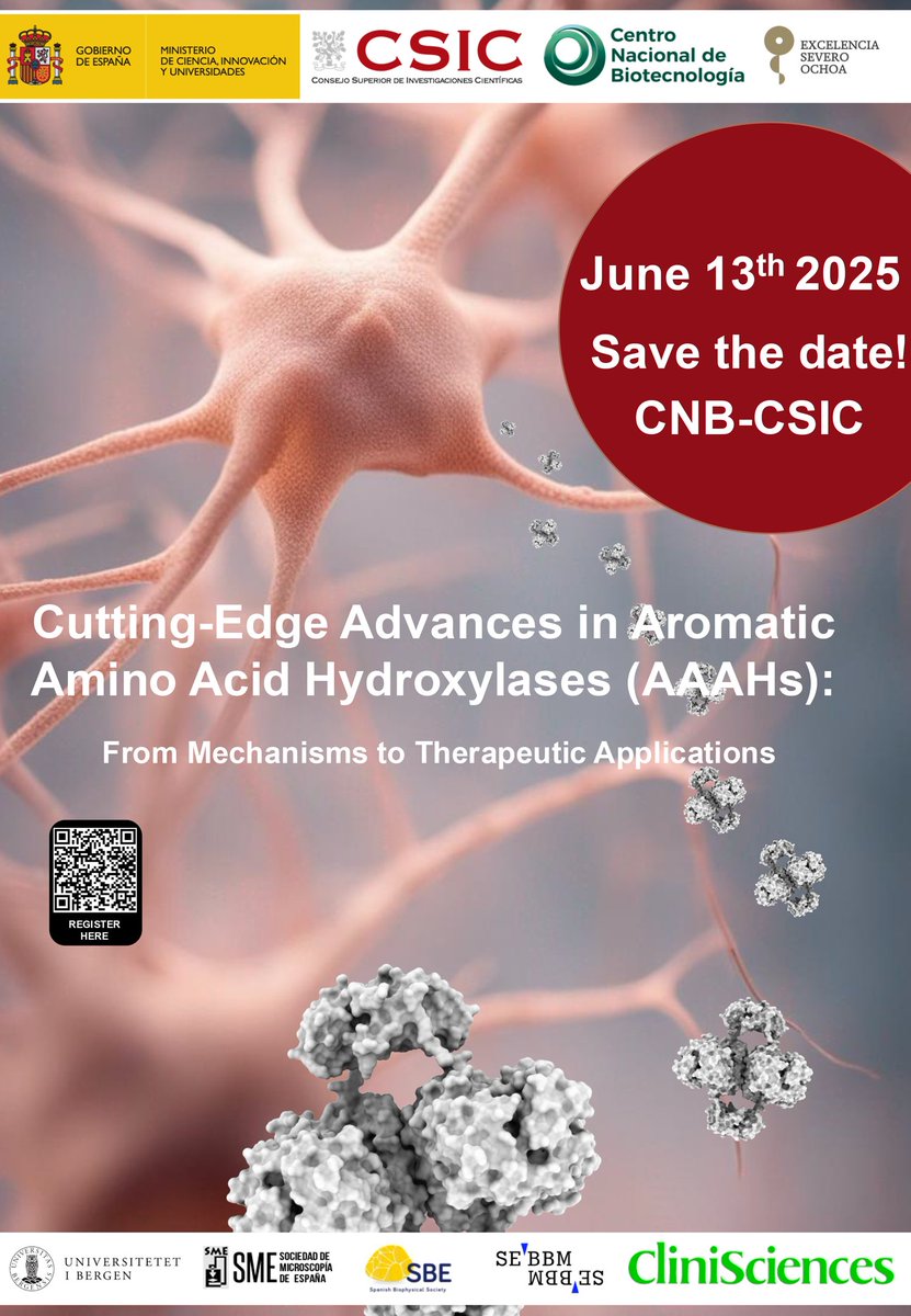 📢Still time to register!

Join us on 13 June at #CNB_CSIC for the workshop:
“Cutting-Edge Advances in Aromatic Amino Acid Hydroxylases (AAAHs): From Mechanisms to Therapeutic Applications.”

ℹ️bit.ly/3T9CAcp

✍️Free entry – registration required: bit.ly/3GFP4Wq