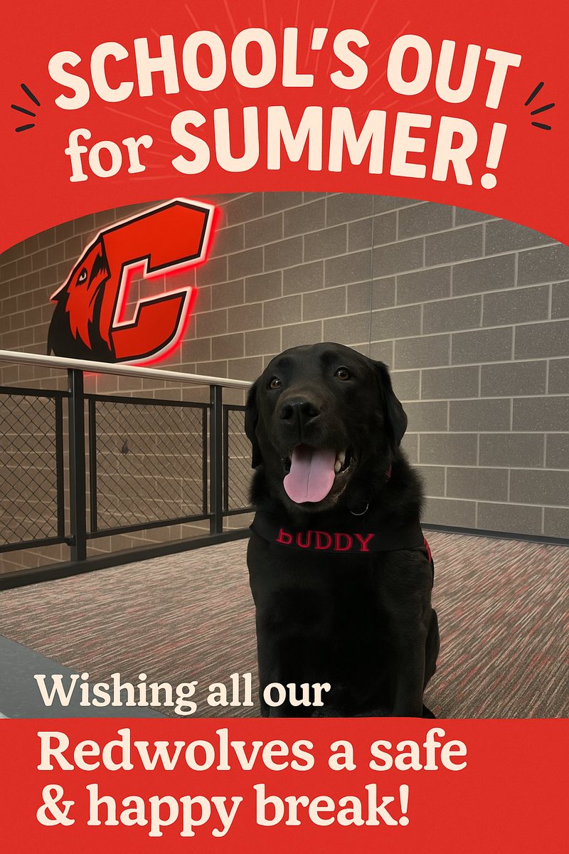 School’s out and Buddy says… have the best summer ever! 🐾☀️
Wishing all our Redwolves a safe &amp; happy break! ❤️🖤
#ClintonPride #RedwolvesRise #SummerBreak
