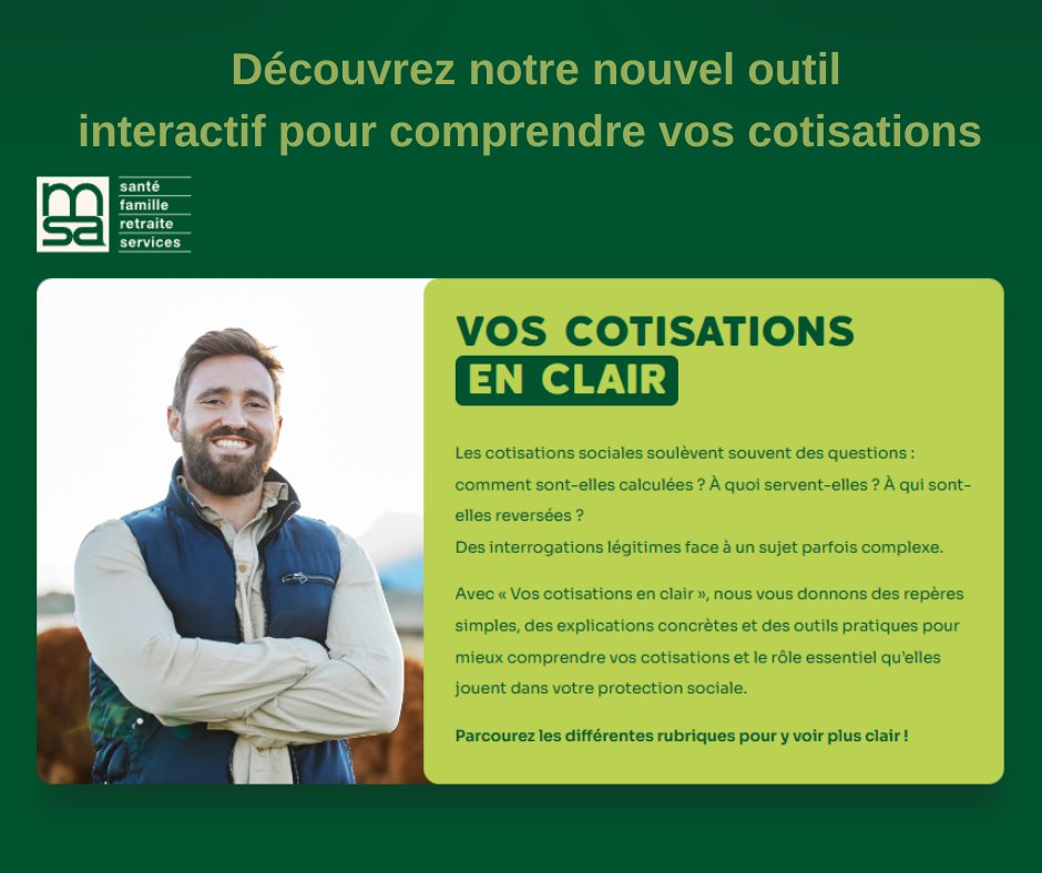 La MSA (@msa_actu) on Twitter photo 💬Pourquoi payer des cotisations sociales ?
🎙️ Géraldine Tauber (Directrice métier Entreprise -Recouvrement à la Caisse centrale de la MSA) rappelle En cotisant, les exploitants agricoles financent leur propre protection sociale et celle de leurs proches.
🤝 Un principe : la 💬Pourquoi payer des cotisations sociales ?
🎙️ Géraldine Tauber (Directrice métier Entreprise -Recouvrement à la Caisse centrale de la MSA) rappelle En cotisant, les exploitants agricoles financent leur propre protection sociale et celle de leurs proches.
🤝 Un principe : la