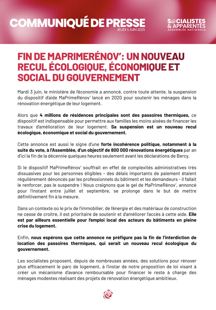 Députés Socialistes et apparentés (@socialistesan) on Twitter photo 🏠 Nous nous opposons à la suspension de MaPrimeRénov' qui soutenait les ménages dans la rénovation énergétique de leur logement.
Ce dispositif était utile écologiquement, économiquement et socialement.
– <a href="/Inakiechaniz/">Iñaki Echaniz</a>, <a href="/SDelautrette/">Stéphane DELAUTRETTE</a> 🏠 Nous nous opposons à la suspension de MaPrimeRénov' qui soutenait les ménages dans la rénovation énergétique de leur logement.
Ce dispositif était utile écologiquement, économiquement et socialement.
– <a href="/Inakiechaniz/">Iñaki Echaniz</a>, <a href="/SDelautrette/">Stéphane DELAUTRETTE</a>
