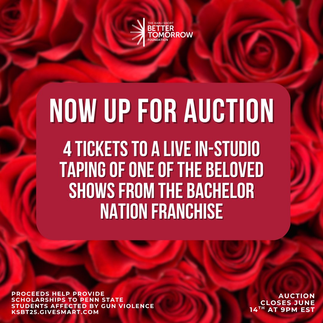 Karli Short Better Tomorrow Foundation (@ksbtfoundation) on Twitter photo ๐น KSBT25.Givesmart.com ๐น
Do you want to know what goes on behind the scenes of The Bachelor and The Bachelorette? Bid today on 4 Tickets to a LIVE in-studio taping of one of the beloved shows from the Bachelor Nation franchise!
<a href="/JessePalmerTV/">Jesse James Palmer</a> <a href="/brandonshort43/">Brandon Short</a> ๐น KSBT25.Givesmart.com ๐น
Do you want to know what goes on behind the scenes of The Bachelor and The Bachelorette? Bid today on 4 Tickets to a LIVE in-studio taping of one of the beloved shows from the Bachelor Nation franchise!
<a href="/JessePalmerTV/">Jesse James Palmer</a> <a href="/brandonshort43/">Brandon Short</a>