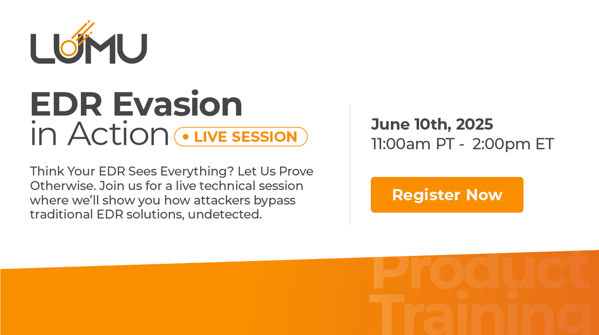 lumutech's tweet image. EDRs aren’t telling you the full story.
Register today for our live session to discover how Lumu Technologies exposes what EDR can't see. &amp;gt;&amp;gt; zurl.co/278XI

🗓️ June 10
🕑 2:00pm ET

#Live #EDR #EDREvasion #Cybersecurity #Training #Webinar