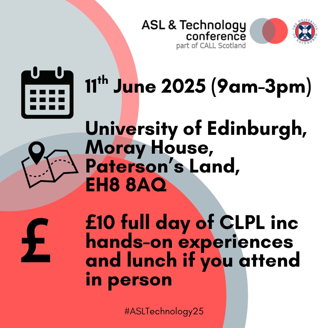 Who's joining us next week? 🙋

We're really looking forward to welcoming people back to the University of Edinburgh for the 26th ASL &amp;  Technology conference. #ASLTechnology25

It's not too late to get a ticket - come along in-person or take part online.

bit.ly/asl-tech25