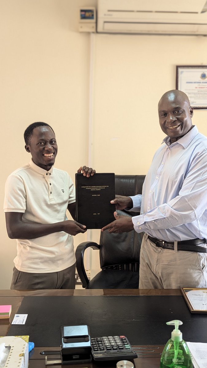 That day when I submitted my dissertation to our Special Projects Coordinator, Dr. Robert Fungo.

The journey was tough, many corrections, sleepless nights, and moments of doubt. 
Huge thanks to my supervisor, Dr.Richard Bukenya for the support and lessons beyond writing.