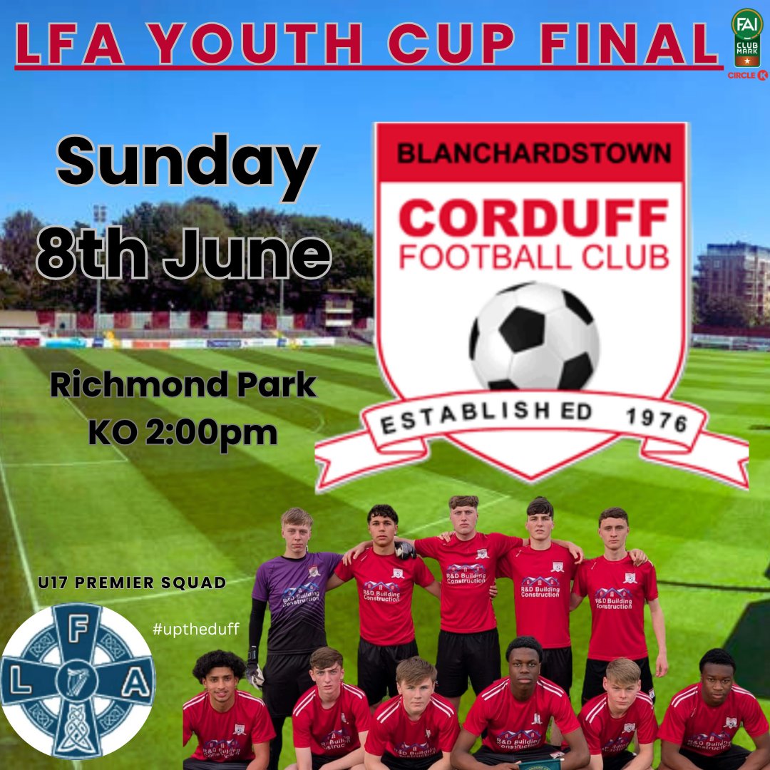 Corduff FC (@cordufffc) on Twitter photo ๐ง๐๐ฅ๐๐ ๐๐๐ฌ๐ฆ | ๐๐๐ ๐๐ช๐ฏ๐ข๐ญ
They will meet Lourdes U18 Premier.
All parents & players come in club gear and bring the Red and Black Army!
๐ช๐ผ๐ฅโฌ๏ธ
๐ง๐ถ๐ฐ๐ธ๐ฒ๐๐ โฌ๐ฑ ๐ผ๐๐ฒ๐ฟ ๐ญ๐ฒ๐
๐จ๐ญ๐ฒ๐ ๐๐ฟ๐ฒ๐ฒ
Up the Duff
#lfafinal | #LeinsterFootballAssociation ๐ง๐๐ฅ๐๐ ๐๐๐ฌ๐ฆ | ๐๐๐ ๐๐ช๐ฏ๐ข๐ญ
They will meet Lourdes U18 Premier.
All parents & players come in club gear and bring the Red and Black Army!
๐ช๐ผ๐ฅโฌ๏ธ
๐ง๐ถ๐ฐ๐ธ๐ฒ๐๐ โฌ๐ฑ ๐ผ๐๐ฒ๐ฟ ๐ญ๐ฒ๐
๐จ๐ญ๐ฒ๐ ๐๐ฟ๐ฒ๐ฒ
Up the Duff
#lfafinal | #LeinsterFootballAssociation