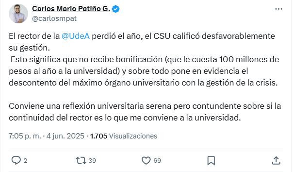 luisyepesb's tweet photo. Penosa situación de @udea: rector reelecto con maña y atornillado, pese a sus bajos resultados. Un miembro del #CSU que pasa a jugoso cargo; se une a mal uso de la "hora cátedra", burocracia y otros. ¿La comunidad universitaria qué dice? #SOSudea. @carlosmpat @Korssoh. https://t.co/hQK7yajETc