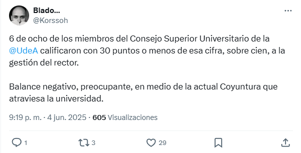 luisyepesb's tweet photo. Penosa situación de @udea: rector reelecto con maña y atornillado, pese a sus bajos resultados. Un miembro del #CSU que pasa a jugoso cargo; se une a mal uso de la "hora cátedra", burocracia y otros. ¿La comunidad universitaria qué dice? #SOSudea. @carlosmpat @Korssoh. https://t.co/hQK7yajETc