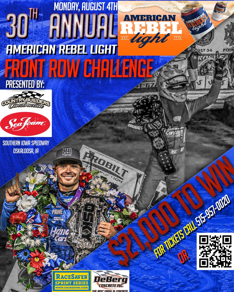 oskychallenges.com (@oskychallenges) on Twitter photo 30th Annual <a href="/AmericanRebel99/">American Rebel</a>
American Rebel Light FRC Presented by Country Builders Construction <a href="/SeaFoamWorks/">Sea Foam</a>
Mon Aug 4th
Southern Iowa Speedway in Oskaloosa IA
Outlaw Sprint Cars <a href="/RacesaverIMCA/">Racesaver Sprint Series</a>
Tickets online Osky challenges.com
515-975-0020 30th Annual <a href="/AmericanRebel99/">American Rebel</a>
American Rebel Light FRC Presented by Country Builders Construction <a href="/SeaFoamWorks/">Sea Foam</a>
Mon Aug 4th
Southern Iowa Speedway in Oskaloosa IA
Outlaw Sprint Cars <a href="/RacesaverIMCA/">Racesaver Sprint Series</a>
Tickets online Osky challenges.com
515-975-0020
