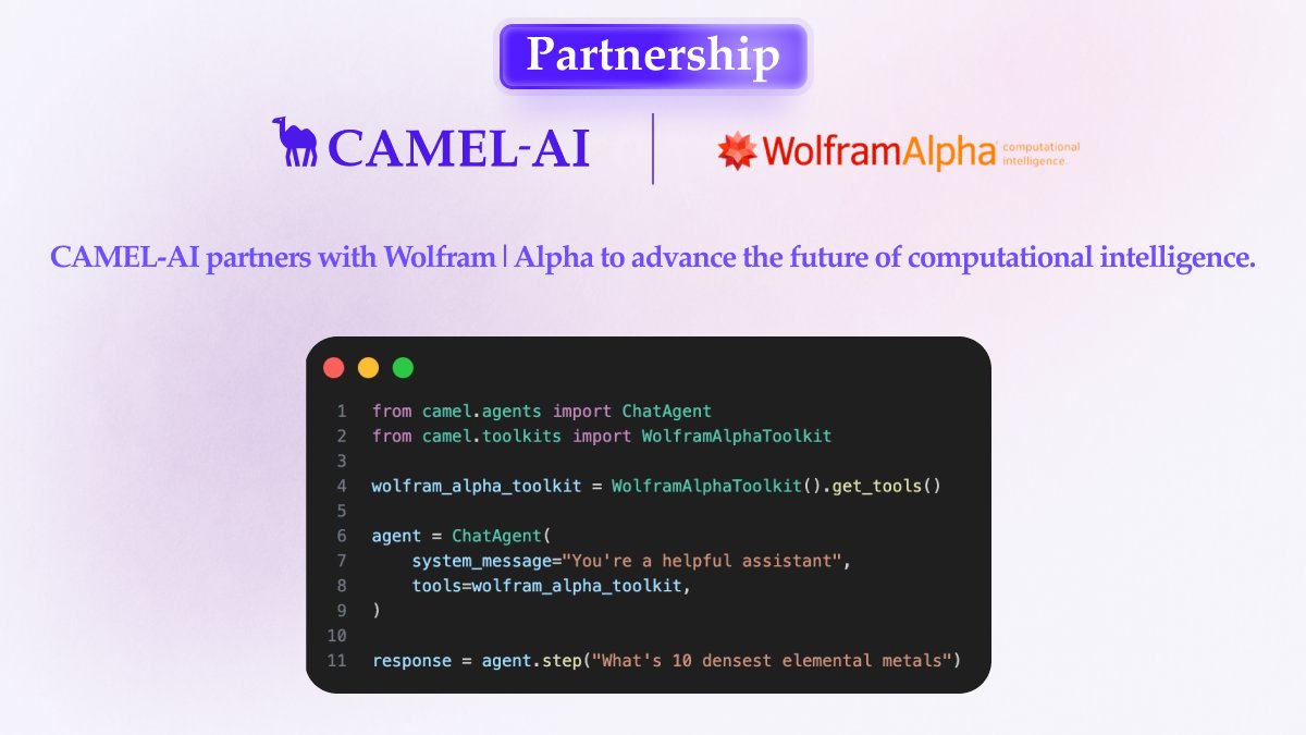 CAMEL-AI Announces Partnership with Wolfram|Alpha – Powering a New Era of Computational Intelligence!

We’re thrilled to announce a new partnership with Wolfram|Alpha. Building on this collaboration, CAMEL-AI is launching Wolfram|Alpha Toolkit, now available within the CAMEL-AI