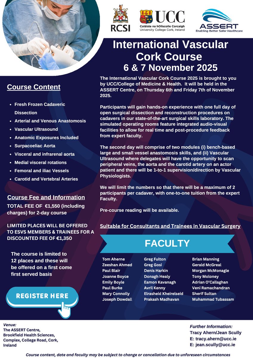 ESVS (@esvsmembership) on Twitter photo The International Vascular Cork Course will take place in <a href="/UCCASSERT/">ASSERT Centre, UCC.</a> Centre, UCC, Cork, Ireland on Thursday 6th and Friday 7th November 2025.
A limited number of places have been allocated to ESVS members/trainees.
If you would like to reserve a place, please register your The International Vascular Cork Course will take place in <a href="/UCCASSERT/">ASSERT Centre, UCC.</a> Centre, UCC, Cork, Ireland on Thursday 6th and Friday 7th November 2025.
A limited number of places have been allocated to ESVS members/trainees.
If you would like to reserve a place, please register your