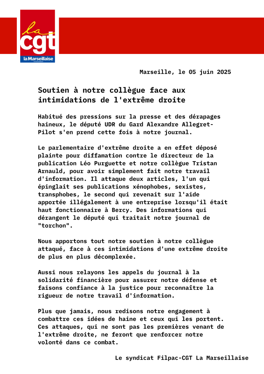 Une fois de plus, l'extrême droite s'en prend à notre journal. Soutien à notre collègue face aux intimidations du député UDR Alexandre Allegret-Pilot !