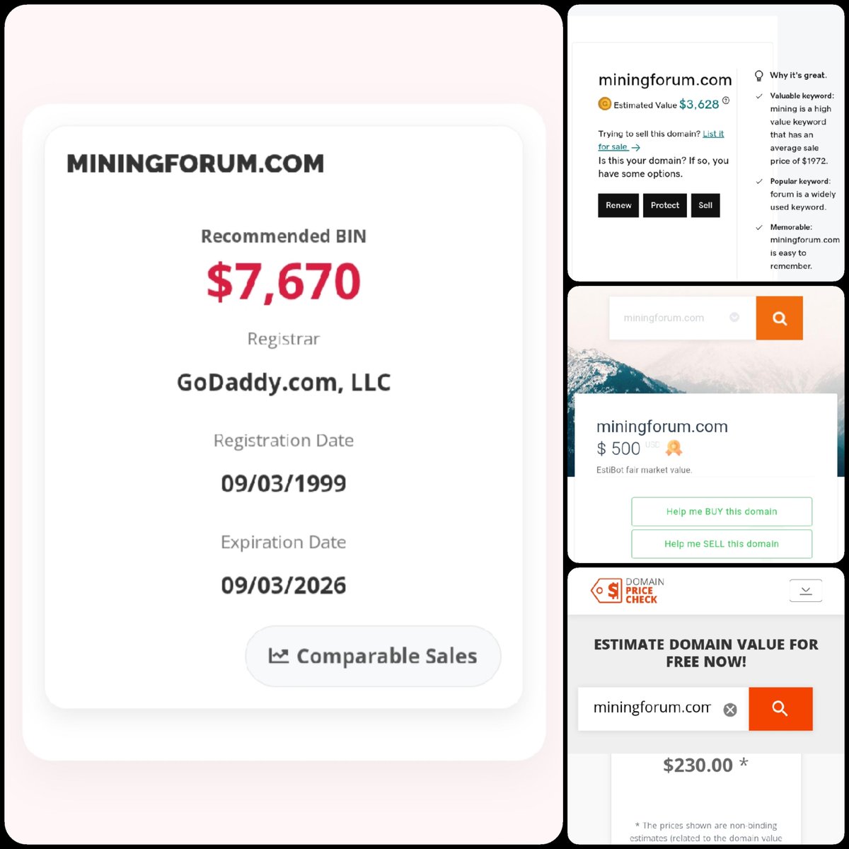 🌐 MiningForum .com

💰 Sold Price : $5,000

✔ @DNRater Recommended BIN : $7,670
✔ Godaddy Estimation : $3,628
✔ Estibot Valuation : $500
✔ InternetX Appraisal : $230

📌 Venue : @Afternic
📆 2024-11-11