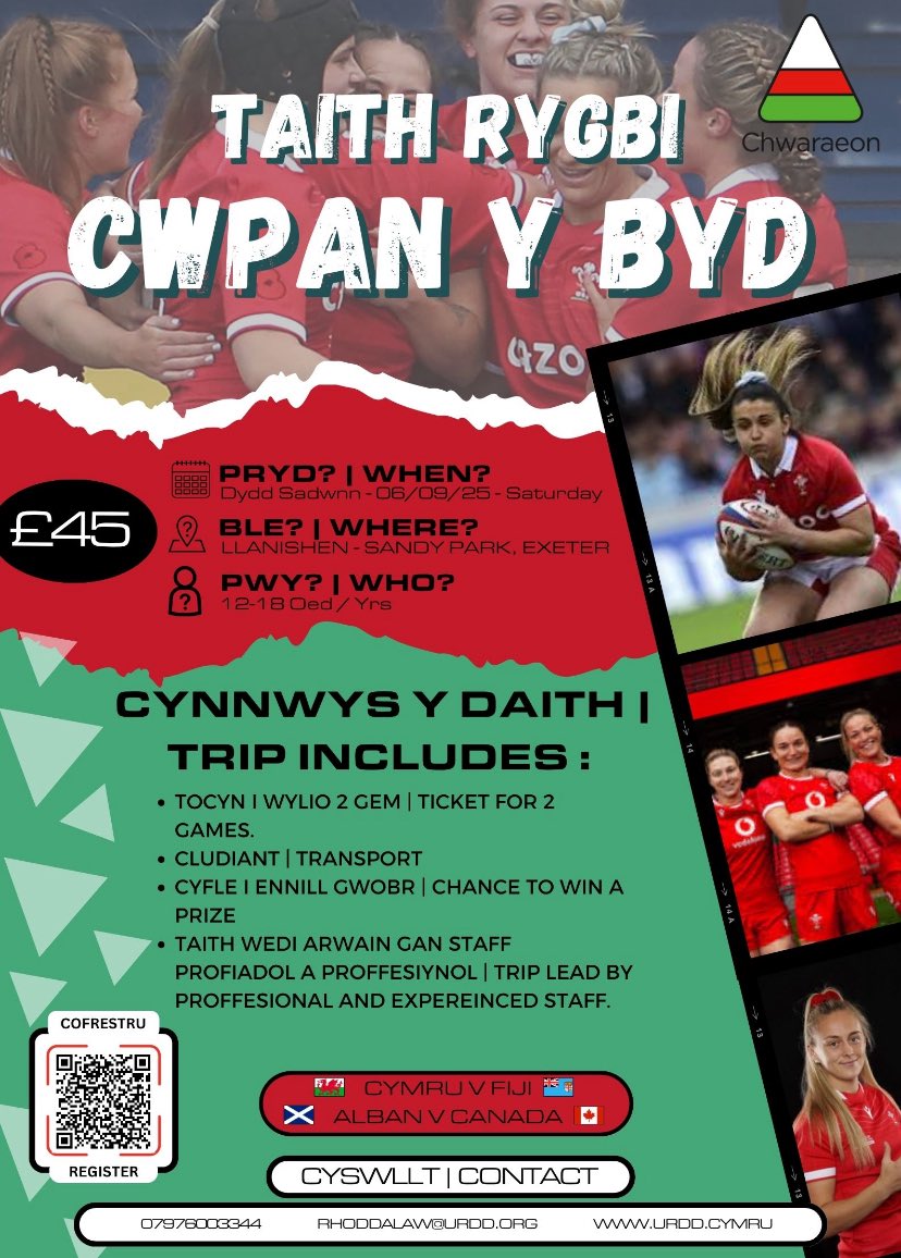 Chwaraeon yr Urdd (@chwaraeonyrurdd) on Twitter photo 🏉 Taith Ryfeddol Cwpan y Byd🌍
£45 am drip I weld 2 Gêm yng Nghwpan y Byd ym Mharc Sandy,Exeter!
🚎 Cludiant + Tocynnau +cyfle I ennill gwobr!
📆06/09/25
📲 Cofrestrwch nawr !
#RygbiCymru #CwpanyByd
<a href="/YGY_AddGorff/">Add.Gorff Ystalyfera</a> <a href="/AddGorffGwyr/">AddGorffGwyr</a> <a href="/AGBryntawe/">AddGorffBryntawe</a> <a href="/AddGorffBroDur/">Add.Gorff Bro Dur</a> <a href="/chwaraeonyrurdd/">Chwaraeon yr Urdd</a> 🏉 Taith Ryfeddol Cwpan y Byd🌍
£45 am drip I weld 2 Gêm yng Nghwpan y Byd ym Mharc Sandy,Exeter!
🚎 Cludiant + Tocynnau +cyfle I ennill gwobr!
📆06/09/25
📲 Cofrestrwch nawr !
#RygbiCymru #CwpanyByd
<a href="/YGY_AddGorff/">Add.Gorff Ystalyfera</a> <a href="/AddGorffGwyr/">AddGorffGwyr</a> <a href="/AGBryntawe/">AddGorffBryntawe</a> <a href="/AddGorffBroDur/">Add.Gorff Bro Dur</a> <a href="/chwaraeonyrurdd/">Chwaraeon yr Urdd</a>