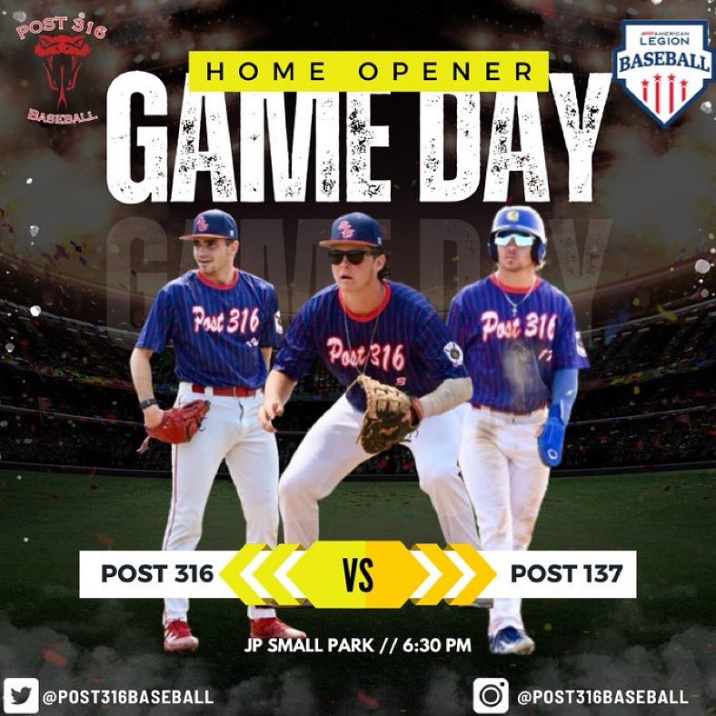GAMEDAY! 19u 🐍 kick off a 6 game homestand as they welcome in division rival Post 137 NLA. First pitch set for 6:30 pm @ JP Small Park