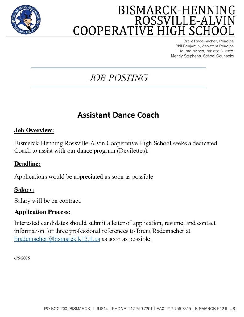 BHRA is searching for an Assistant Dance Coach.  See the flyer for more information on how to apply.