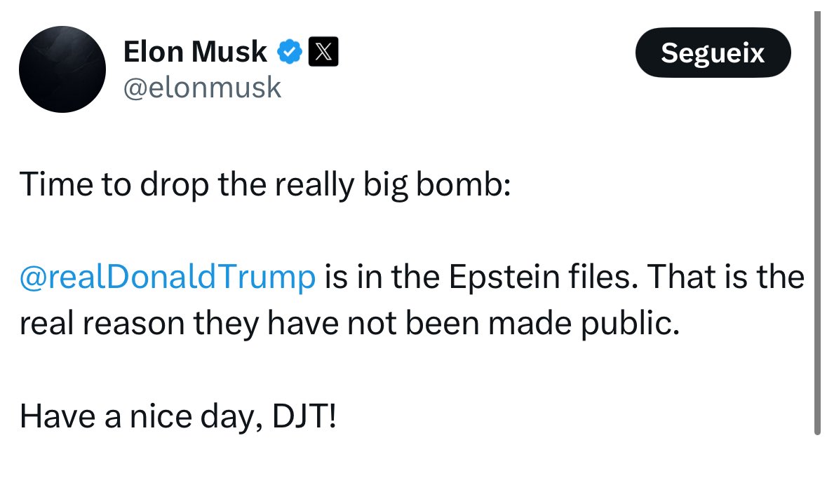 💥 Esclata guerra civil al moviment MAGA.

Musk critica llei pressupostos.

Trump diu que està molt decebut amb Musk i li diu “interessat”.

Musk diu que sense ell Trump hauria perdut.

Trump amenaça tallar contractes govern-Musk.

Musk diu Trump era client del pedòfil Esptein