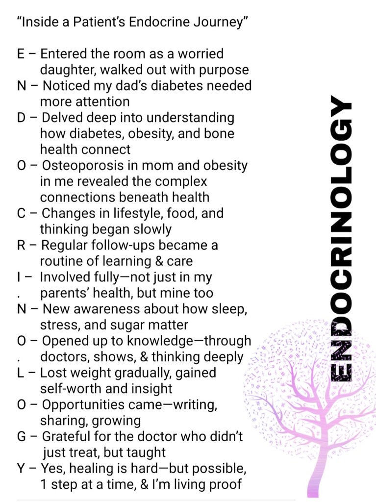 swapna20jain's tweet image. #Endocrinology became my path to purpose.
Behind every #hormone reading was a story-of my dad’s #diabetes, my mom’s #osteoporosis, &amp;amp; my own journey with #obesity.
1 step at a time, I found healing, clarity, &amp;amp; strength.
#PatientVoice #HealthJourney @SanjayKalraDr1 @KapoorNitinDr