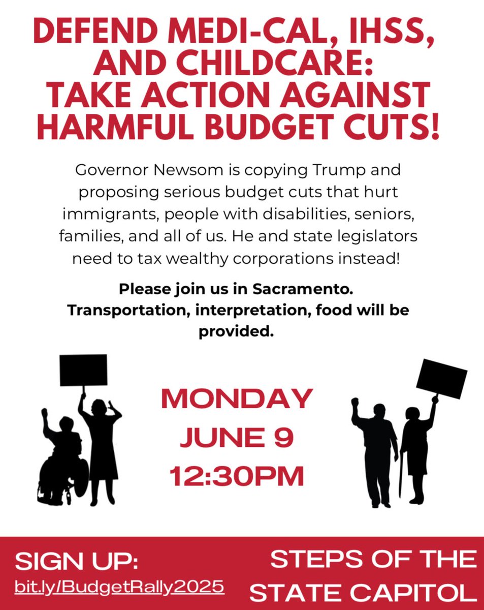 6/9, Sacramento, CA

Disabled advocates please attend a rally to protest cuts in Medicaid &amp; IHSS. 

Free transportation, food, &amp; ASL interpreters 

Sign up: docs.google.com/forms/d/e/1FAI…