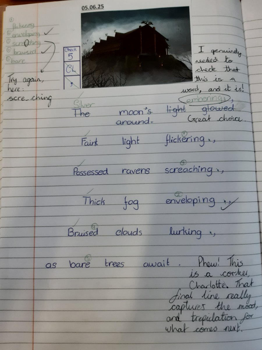 Charlotte Y6 worked hard on this, picking out sinister details and bringing them alive with a tight focus on making each word earn its place.

"Bruised clouds lurking,
As bare trees await."

<a href="/PieCorbett/">Pie Corbett</a> <a href="/JamieThomasTFW/">Jamie Thomas</a> <a href="/Talk4Writing/">Talk for Writing</a> <a href="/SandgateTfW/">Sandgate Primary: Talk for Writing Training Centre</a>