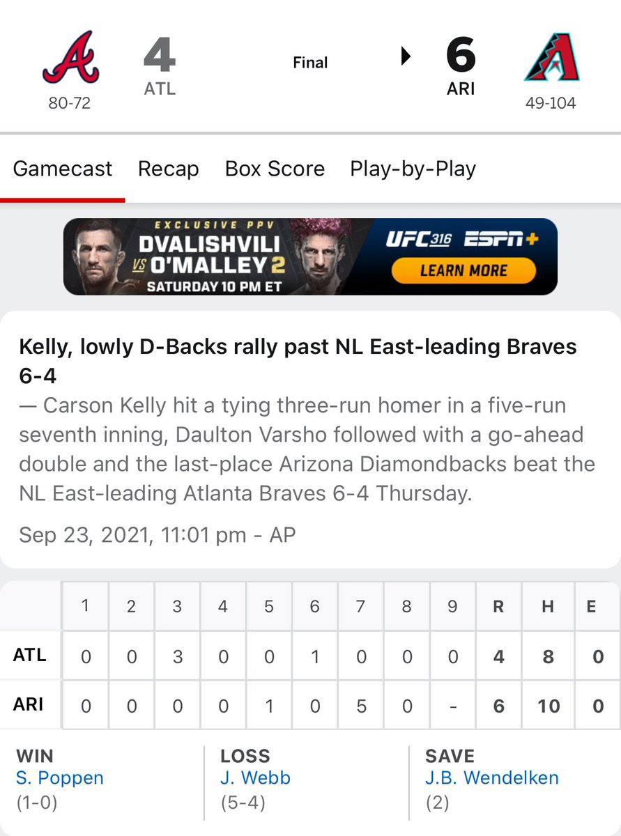 For the Braves fans who love to see 2021 as the rule rather than the exception, you can hang your hat on a “similar” loss to the Diamondbacks that year 🙃