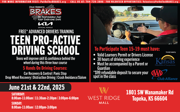 SAFE Kansas (@safeks) on Twitter photo Mark your calendar for June 21 & 22 as <a href="/PutOnTheBRAKES/">B.R.A.K.E.S.</a> returns to Topeka with a teen driver safety program designed to improve defensive driving skills and confidence behind the wheel.” Mark your calendar for June 21 & 22 as <a href="/PutOnTheBRAKES/">B.R.A.K.E.S.</a> returns to Topeka with a teen driver safety program designed to improve defensive driving skills and confidence behind the wheel.”
