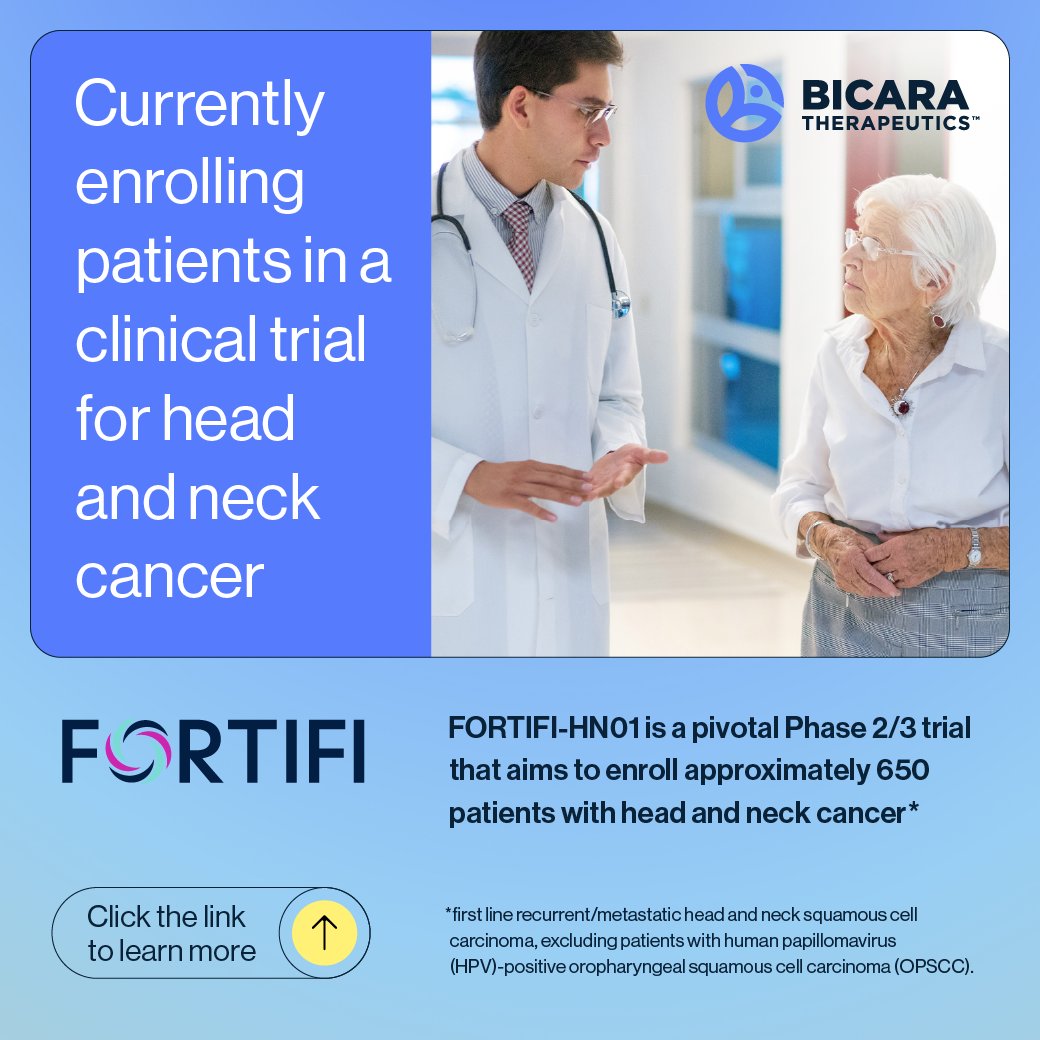 Head and Neck Cancer Alliance (@hncalliance) on Twitter photo Are you or a loved one living with head and neck cancer? The FORTIFI-HN01 trial is a pivotal Phase 2/3 study evaluating a potential new treatment option and is currently enrolling patients. <a href="/BicaraTx/">Bicara Therapeutics</a>Ā Ā
Ā
clinicaltrials.gov/study/NCT06788ā¦
Ā
#ClinicalTrial #HeadAndNeckCancer #CancerResearch Are you or a loved one living with head and neck cancer? The FORTIFI-HN01 trial is a pivotal Phase 2/3 study evaluating a potential new treatment option and is currently enrolling patients. <a href="/BicaraTx/">Bicara Therapeutics</a>Ā Ā
Ā
clinicaltrials.gov/study/NCT06788ā¦
Ā
#ClinicalTrial #HeadAndNeckCancer #CancerResearch