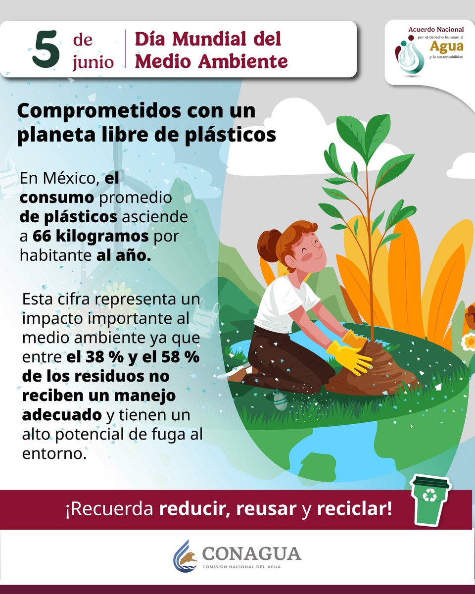 conagua_mx's tweet image. El #DíaMundialDelMedioAmbiente nos invita a reflexionar y crear conciencia sobre la importancia de nuestros recursos naturales y el cuidado del planeta. Es una oportunidad para actuar por el #MedioAmbiente y luchar por un futuro sostenible.