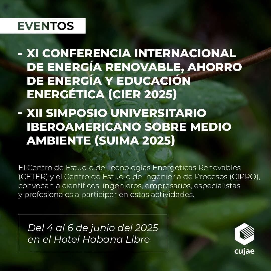 ✨Se desarrolla la XI Conferencia Internacional de Energía Renovable, Ahorro de Energía y Educación Energética y el XII Simposio Universitario Iberoamericano sobre Medio Ambiente 🌎 en la <a href="/CujaeRedSocial/">Universidad Tecnológica de La Habana</a>, del 4 al 6 de junio. 

¡Muchos éxitos! 🥳🙌

ℹ️📷 CUJAE
#UniversidadCubana