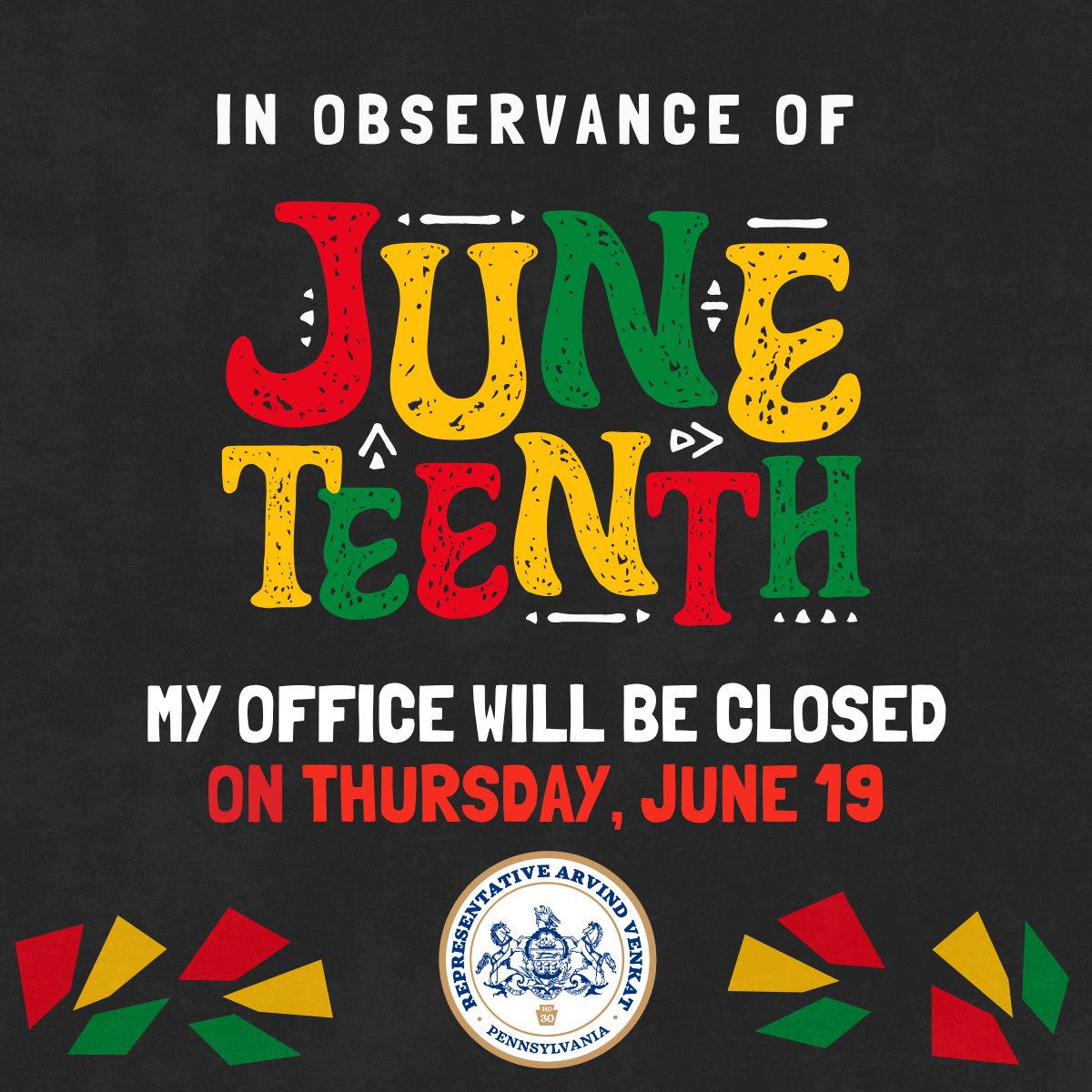 Rep. Arvind Venkat, MD (@repvenkat) on Twitter photo My office will be closed on Thursday June 19th in observance of Juneteenth. If you require assistance, please contact me at RepVenkat@pahouse.net or 412-348-8028, and we'll return your message on Friday. My office will be closed on Thursday June 19th in observance of Juneteenth. If you require assistance, please contact me at RepVenkat@pahouse.net or 412-348-8028, and we'll return your message on Friday.