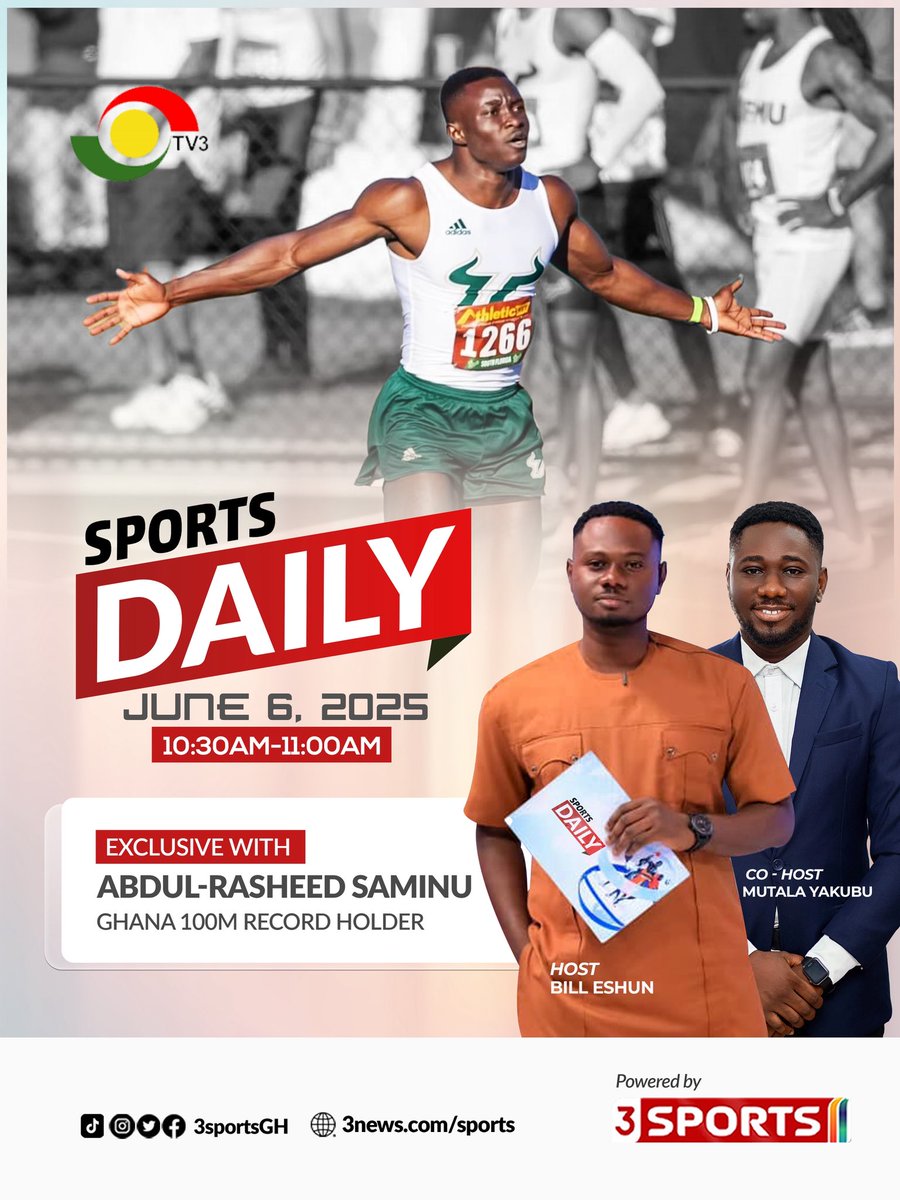 Billino (@bill_eshun) on Twitter photo Coming up tomorrow on #TV3SportsDaily, A conversation I had with Ghana’s new 100m record holder <a href="/rasheed_saminu/">Saminu Abdul Rasheed</a>
Don’t miss it Coming up tomorrow on #TV3SportsDaily, A conversation I had with Ghana’s new 100m record holder <a href="/rasheed_saminu/">Saminu Abdul Rasheed</a>
Don’t miss it