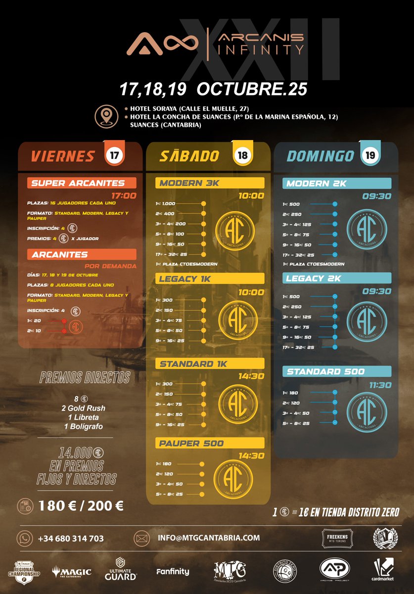 ¡Aquí está! El cartel del #ArcanisInfinityXXII  
Suances: 17, 18 y 19 de Octubre 📝

En cuanto tengamos confirmación oficial en unas semanas, anunciaremos los RCQ con los que contará el evento.

¡Las inscripciones ya están abiertas!

¿Os vais a perder la #ExperienciaArcanis? 😏