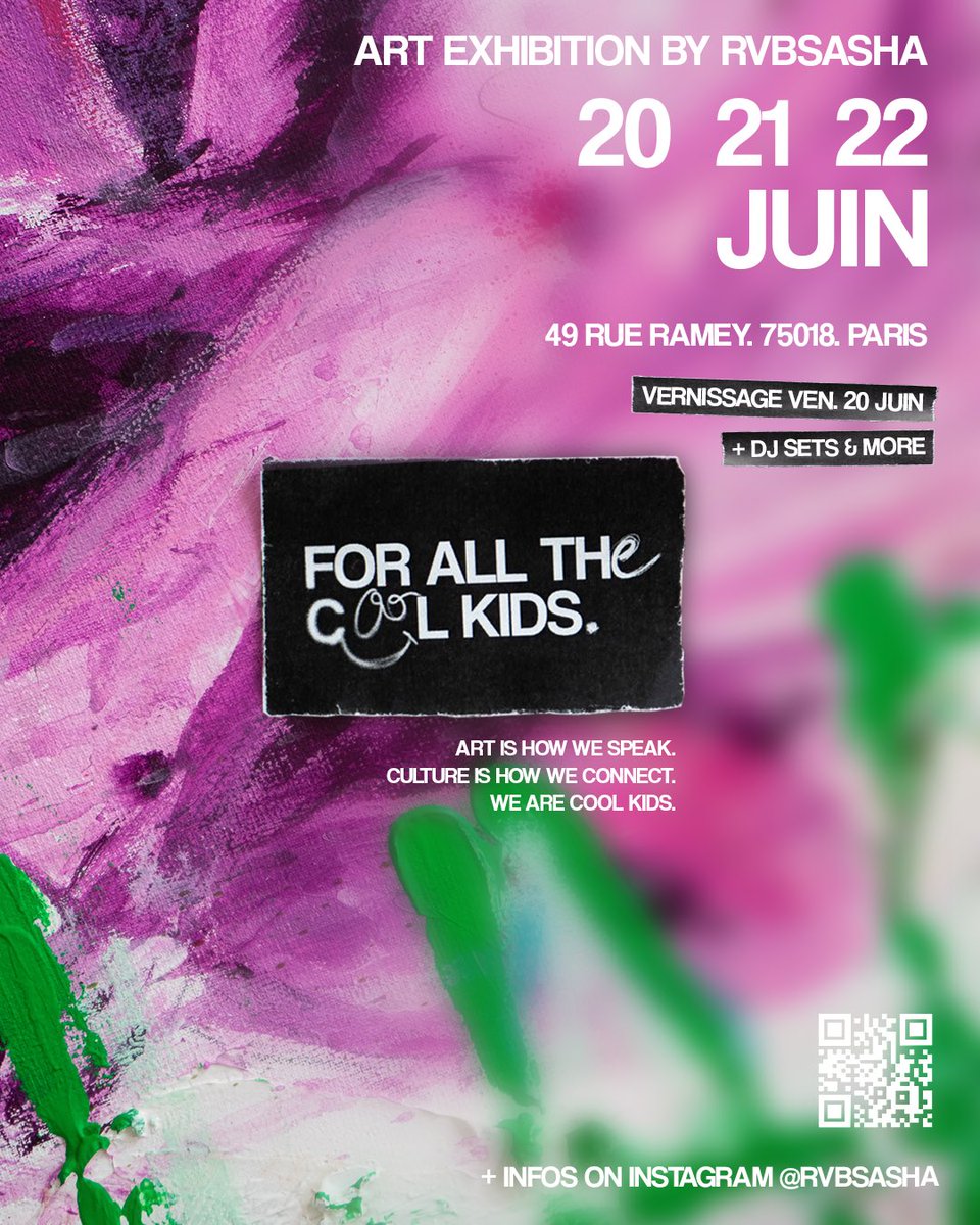 rvbsasha's tweet image. 👀RDV les 20/21/22 Juin pour ma 1ère expo solo à Paris.

« FOR ALL THE COOL KIDS » c’est mon rêve de gosse. Après des années à partager ma vision en ligne, on va se rencontrer ❤️

des 🎨 que vous connaissez, des inédites, des DJ sets et +

On va célébrer la culture!

49 rue ramey