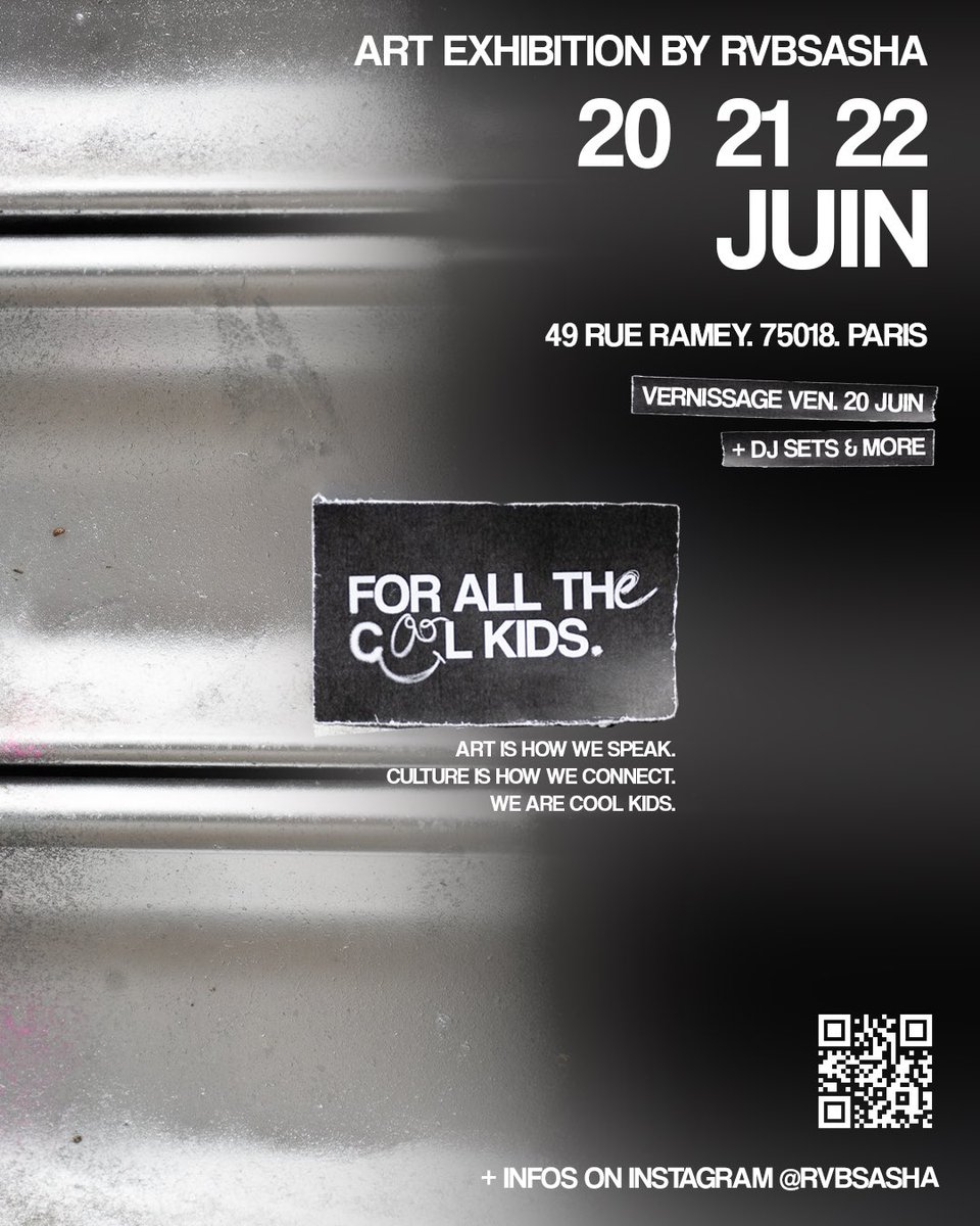 rvbsasha's tweet image. 👀RDV les 20/21/22 Juin pour ma 1ère expo solo à Paris.

« FOR ALL THE COOL KIDS » c’est mon rêve de gosse. Après des années à partager ma vision en ligne, on va se rencontrer ❤️

des 🎨 que vous connaissez, des inédites, des DJ sets et +

On va célébrer la culture!

49 rue ramey