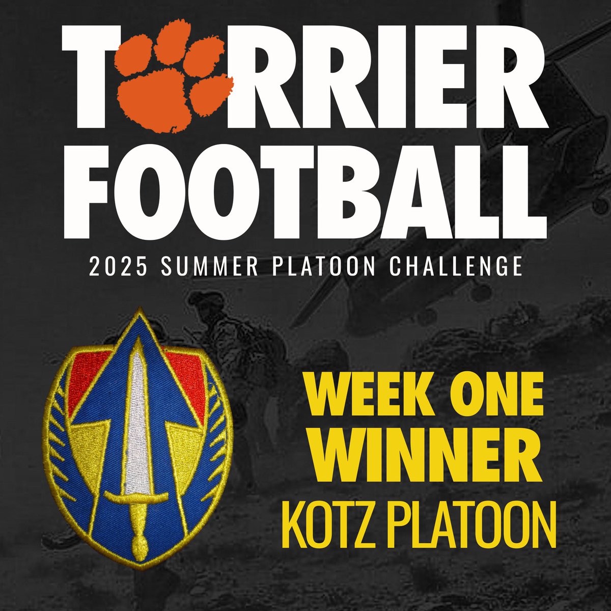 Congratulations to the Kotz Platoon for winning Week 1. Back to work on Monday.