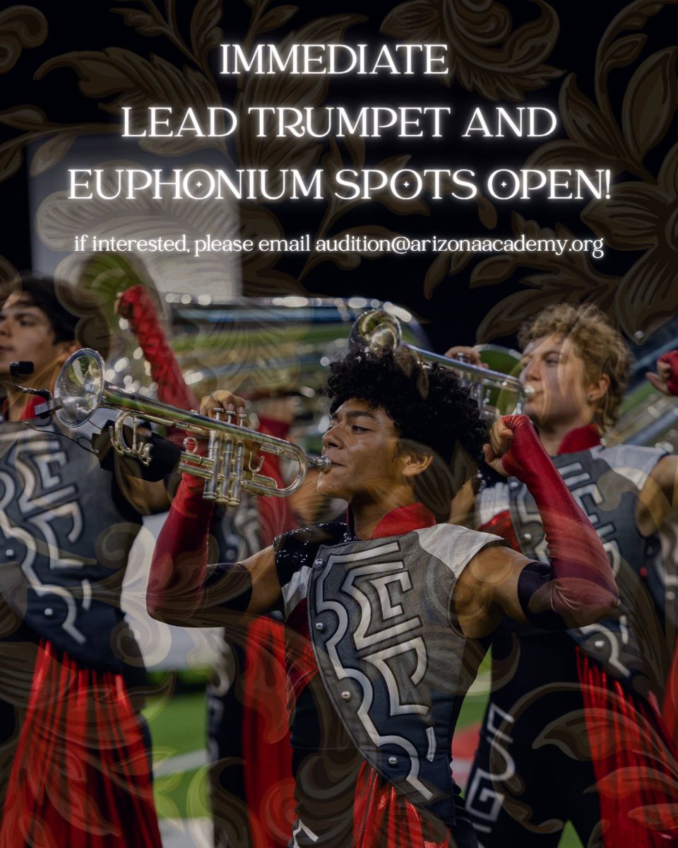 TheAcademyDBC's tweet image. We have immediate openings for lead trumpets and euphonium performers to join us this summer ☀️

Email us at audition@arizonaacademy.org ✉️

#theacademydbc #drumcorps #dci25 #heatforged