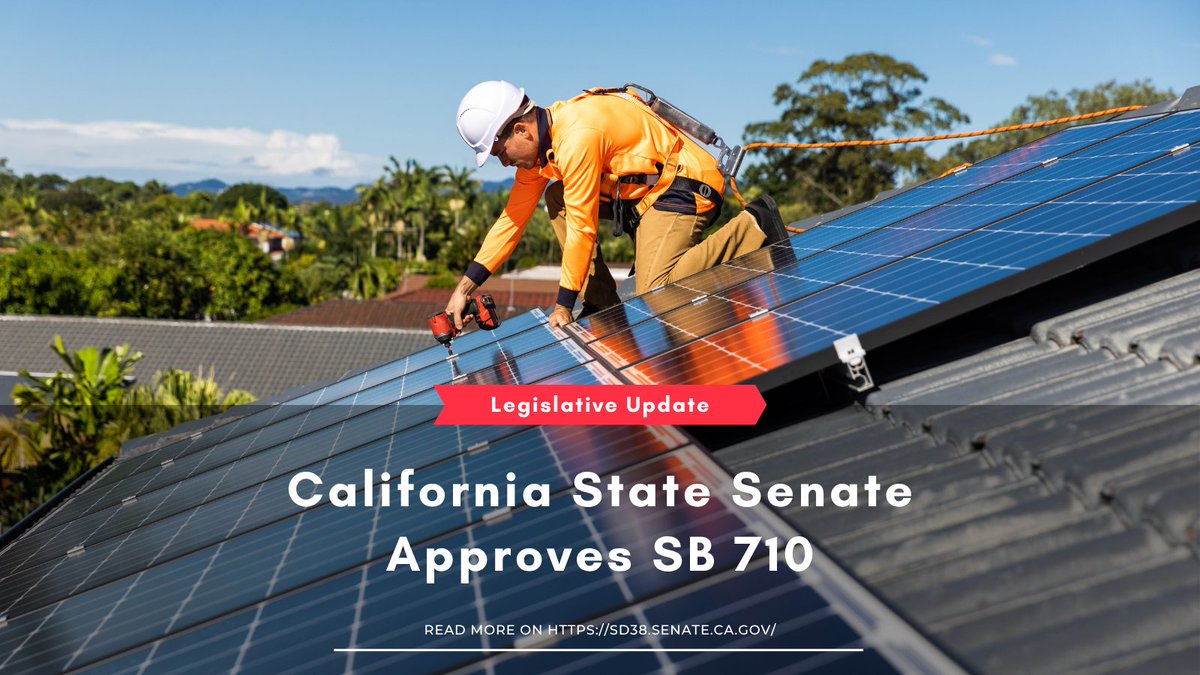 SenBlakespear's tweet photo. The Senate passed #SB710, my bill that would eliminate the 2027 expiration date for a rooftop solar panel property tax exclusion. Now more than ever, as we move toward renewable energy, it is important for California to encourage solar and battery storage installation. Maintaining a tax exclusion for solar panels and batteries is one essential component in helping California meet its clean energy goals.