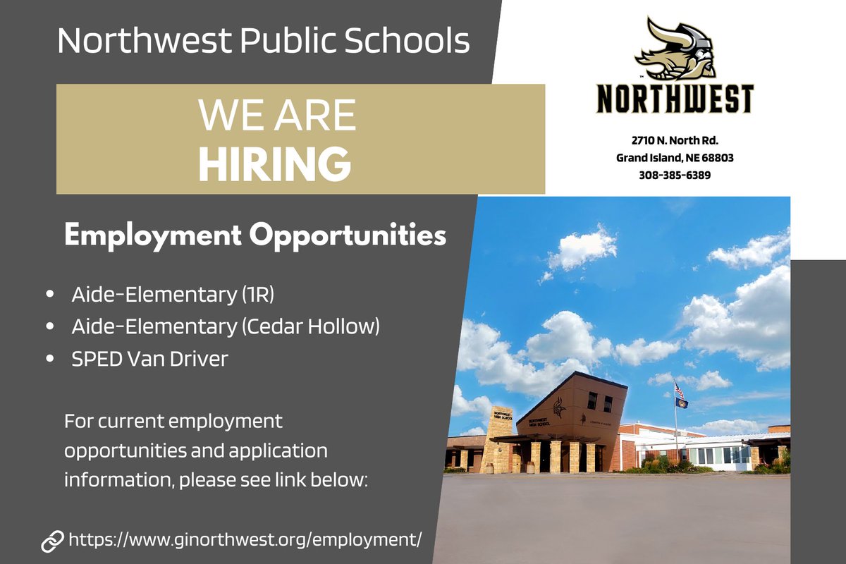 Northwest Public Schools is hiring:

Information and online application can be found here: ⬇️
ginorthwest.org/employment/
#ginwvikings