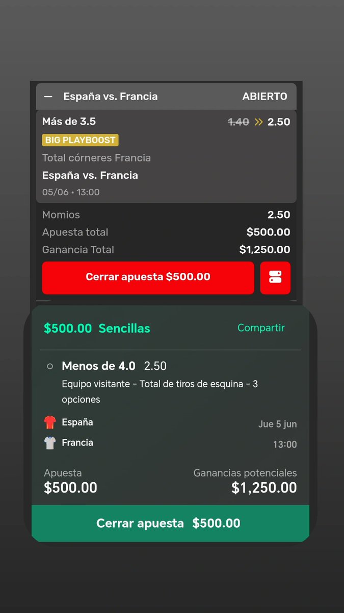 Tenemos Safe Bet de $250 GRATIS

Apostamos 500 del Big Playboost en Playdoit de Ov3.5 Corners Francia y la contra en Bet365 y nos llevamos el dinero totalmente gratis ✅