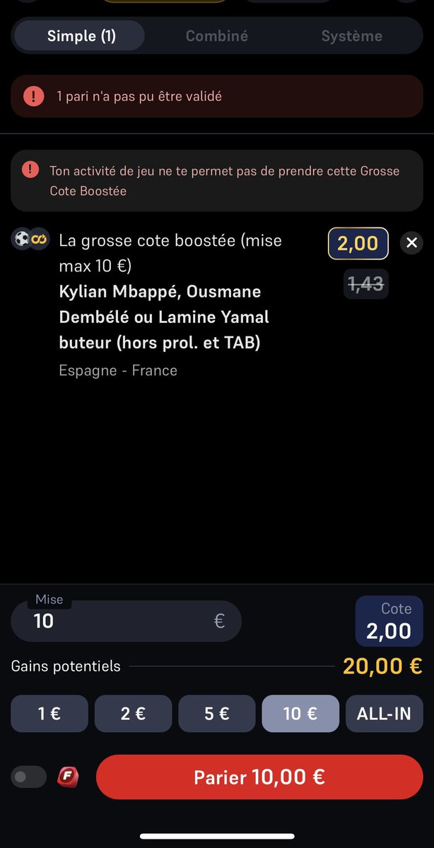 t_costedoat's tweet photo. Salut j’ai un problème sur Winamax avec la cote booster il y a quelqu’un qui connaît le problème #TeamParieur #winamaxsport #winamax #parie https://t.co/SEqh8VDsYT