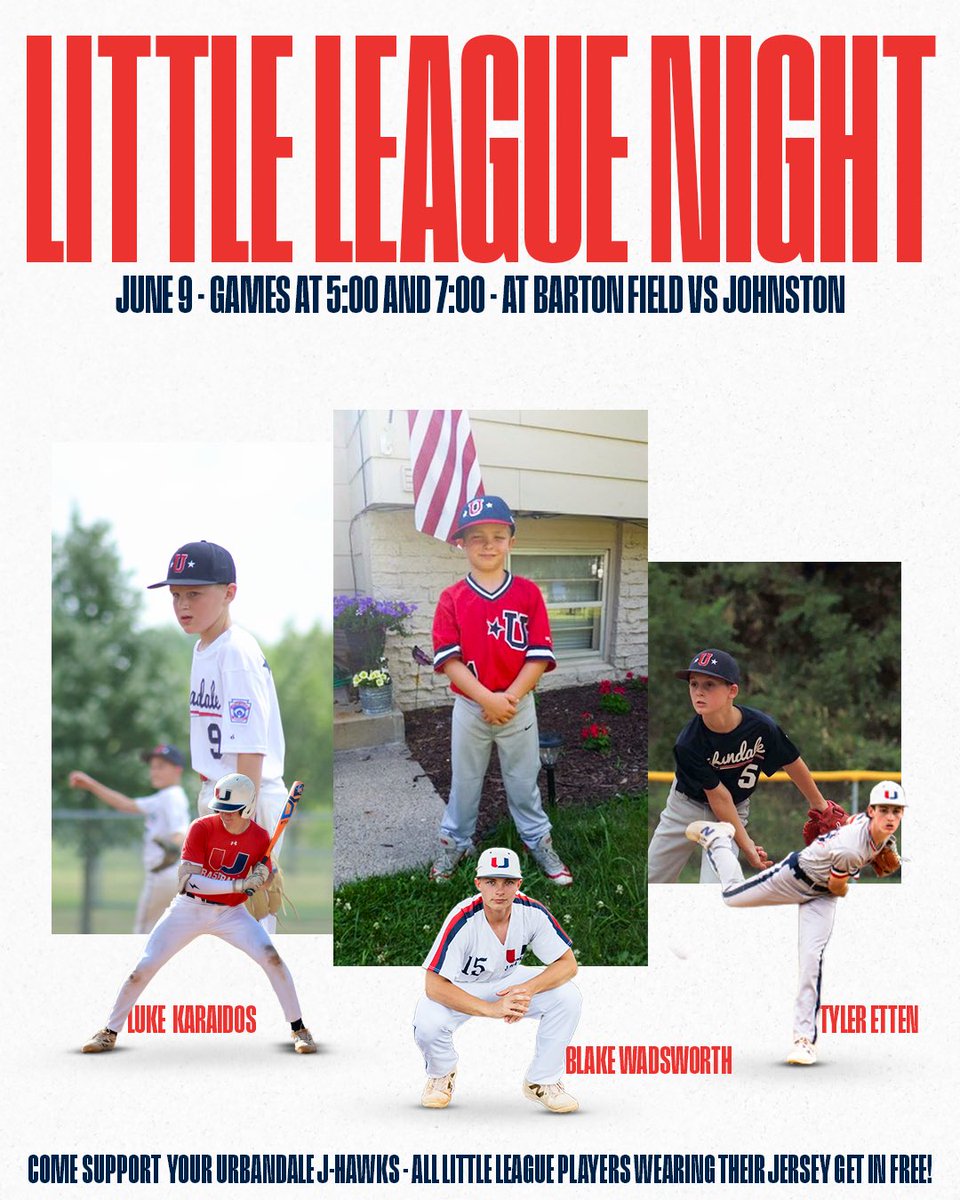 Would love to see every <a href="/UrbandaleLL/">Urbandale LL</a> player at Barton Field Monday, June 9th!! Your team jersey gets you in FREE with a paying adult. Let’s pack the park!!