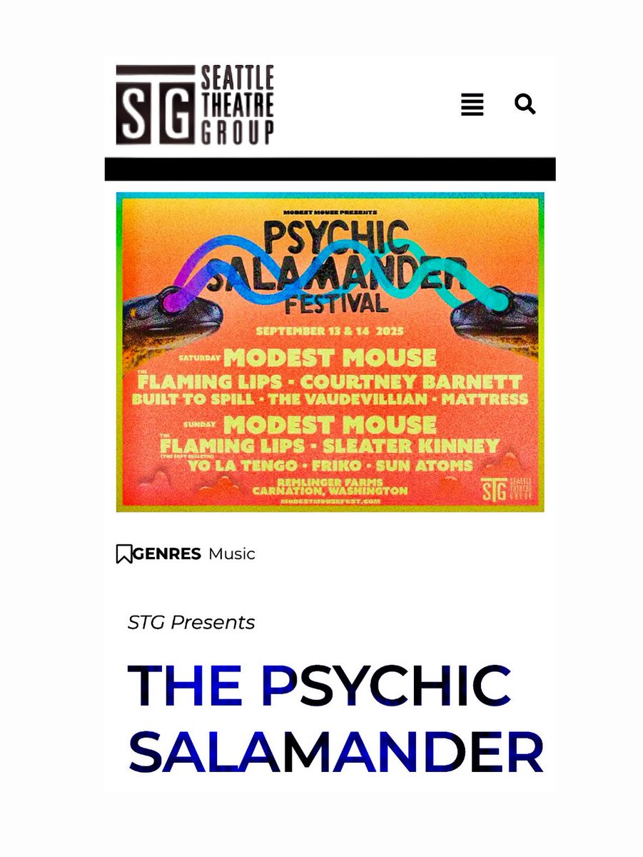 Psychic Salamander Festival
9/13: Modest Mouse, The Flaming Lips, Courtney Barnett, Built To Spill, The Vaudevillian, Mattress

9/14: Modest Mouse, The Flaming Lips (performing The Soft Bulletin), Sleater-Kinney, Yo La Tengo, Friko, Sun Atoms

Tickets: 
stgpresents.org/events/the-psy…