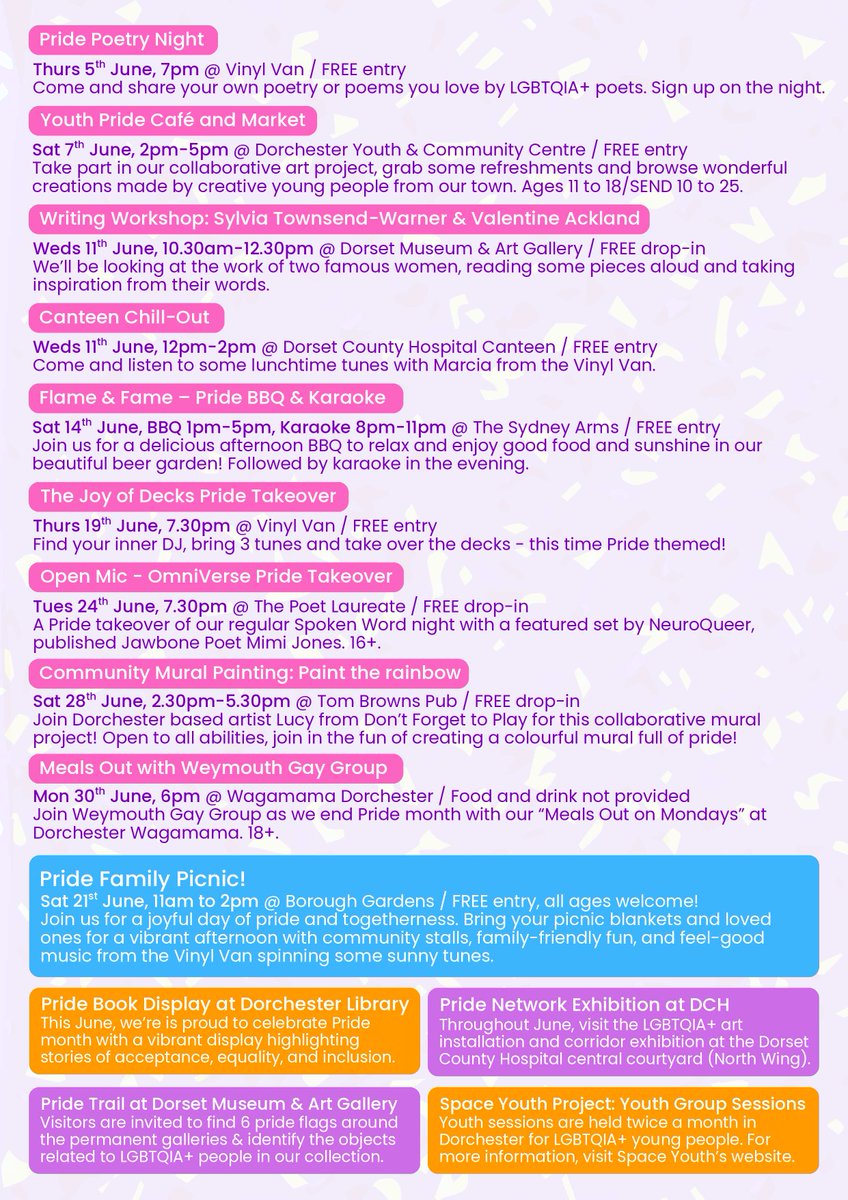 Weymouth Gay Group (@weymouthgaygrp) on Twitter photo LOADS going on for #Dorchester Pop Up Pride all June!
#PopUpPrideDorchester #Pride #LGBT #LGBTQIA #LGBTQ #Gay #Lesbian #Bisexual #Transgender
#Dorset #Weymouth #Bournemouth #Poole #Bridport #Diversity #Equality
<a href="/SteveHarrisDJ/">Steve Harris - BBC Radio Solent's Dorset Breakfast</a> you on to this?
Info - weymouthgaygroup.weebly.com/dorchester-pop… LOADS going on for #Dorchester Pop Up Pride all June!
#PopUpPrideDorchester #Pride #LGBT #LGBTQIA #LGBTQ #Gay #Lesbian #Bisexual #Transgender
#Dorset #Weymouth #Bournemouth #Poole #Bridport #Diversity #Equality
<a href="/SteveHarrisDJ/">Steve Harris - BBC Radio Solent's Dorset Breakfast</a> you on to this?
Info - weymouthgaygroup.weebly.com/dorchester-pop…