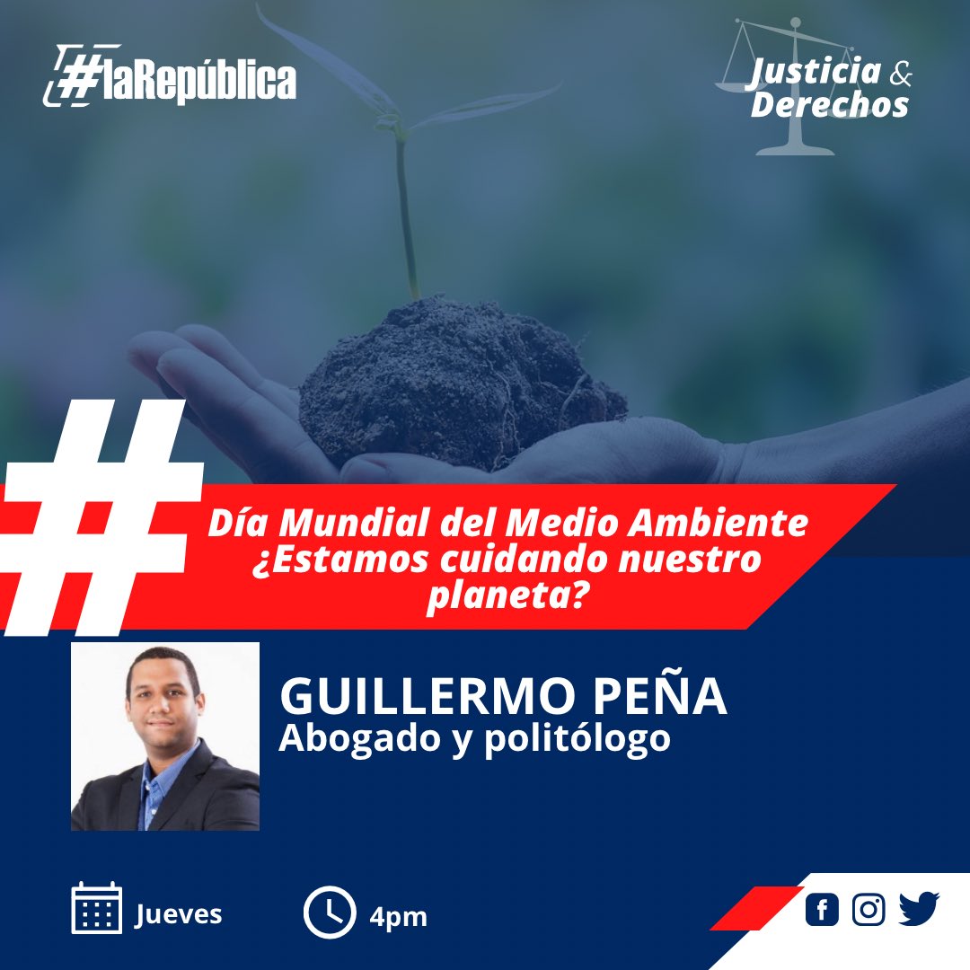 La República Radio (@larepradio) on Twitter photo Día Mundial del Medio Ambiente, nuestro tema hoy en el segmento #justiciayderechos con el abogado y politólogo Guillermo Peña.
A partir de las 4pm por La Nota 95.7fm 📻🎙️
#LaRepúblicaRadio
<a href="/BaezDerik/">Derik Báez Torres</a> <a href="/RDelgadilllo/">Ramieri Delgadillo Santana | Periodista</a> <a href="/Guillermopca/">Guillermo Peña Capellán</a> Día Mundial del Medio Ambiente, nuestro tema hoy en el segmento #justiciayderechos con el abogado y politólogo Guillermo Peña.
A partir de las 4pm por La Nota 95.7fm 📻🎙️
#LaRepúblicaRadio
<a href="/BaezDerik/">Derik Báez Torres</a> <a href="/RDelgadilllo/">Ramieri Delgadillo Santana | Periodista</a> <a href="/Guillermopca/">Guillermo Peña Capellán</a>
