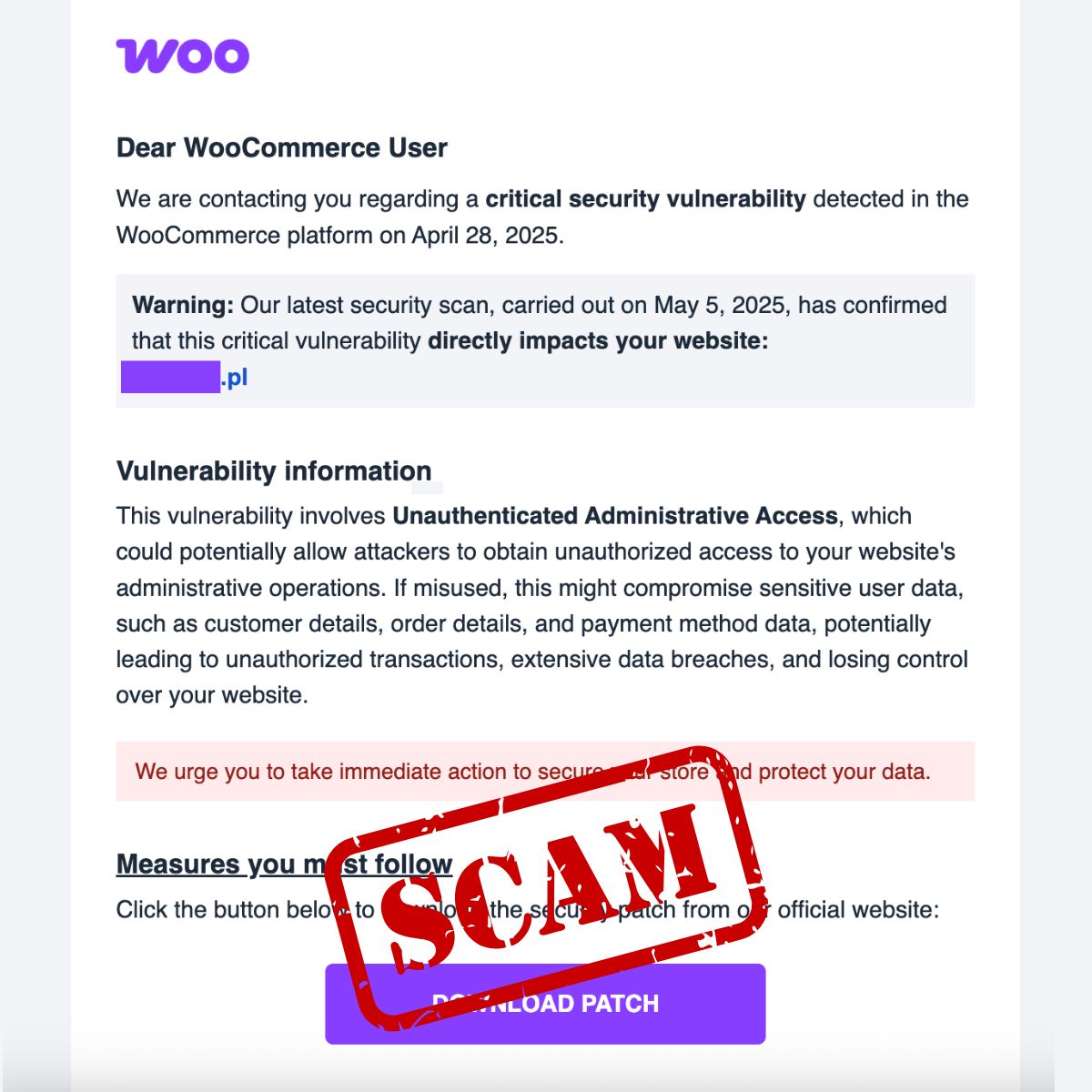 Uwaga użytkownicy WooCommerce. W sieci krąży nowy, niebezpieczny atak phishingowy. Scenariusz jest bardzo przekonujący. Oszuści podszywają się pod zespół WooCommerce i wysyłają maila o rzekomej luce bezpieczeństwa.

W wiadomości znajduje się link do “krytycznej aktualizacji”.