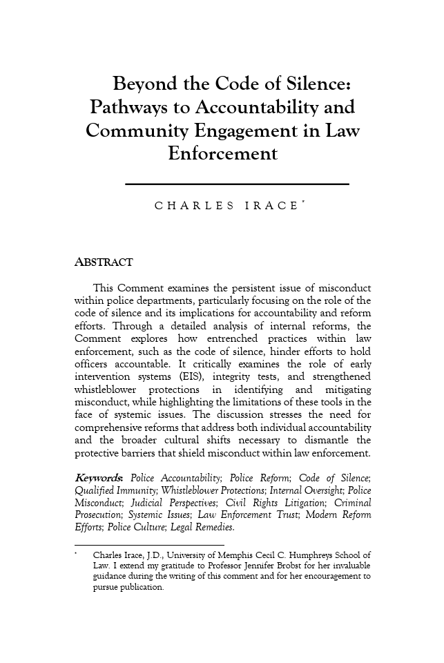It's always exciting 2 see students work come 2 fruition. In his 3L year, 2024 grad Charles Irace began work on his article "Beyond the Code of Silence: Pathways to Accountability &amp; Community Engagement in Law Enforcement," &amp; it will be published in the Manitoba Law Journal soon.