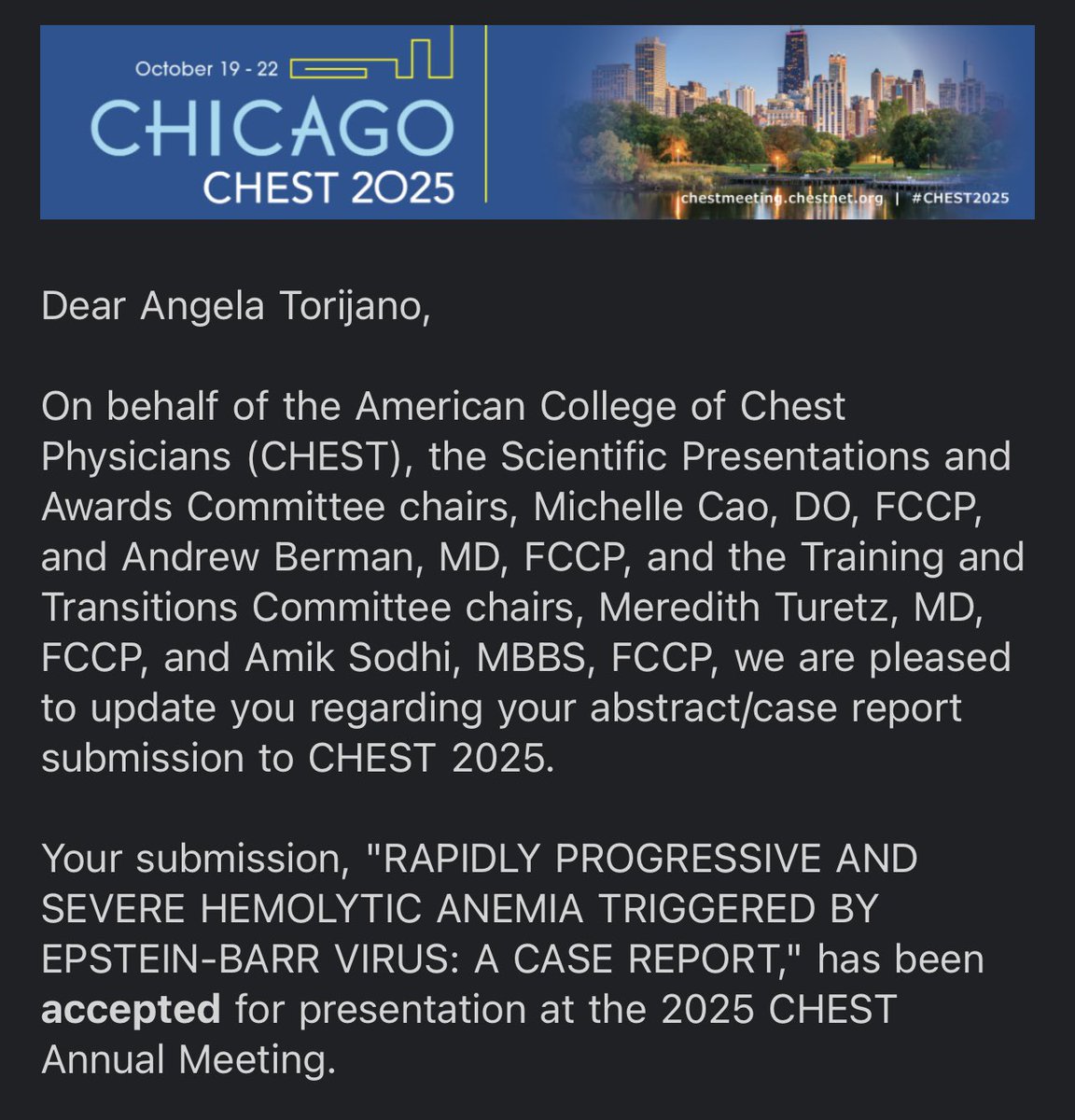 aj_torijano's tweet photo. Thrilled to share that my case report has been accepted at Chest! #chest2025 #chest https://t.co/08gfxnKHvX